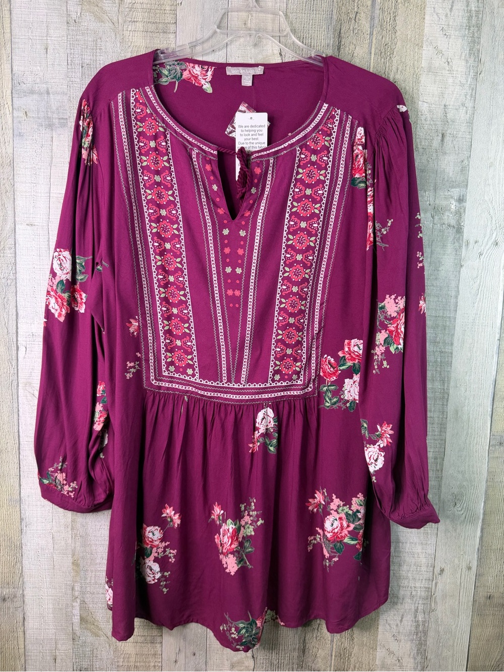 Woman Within Size 2X Floral Peasant Tunic w/Long Blouson Sleeves & Tie String